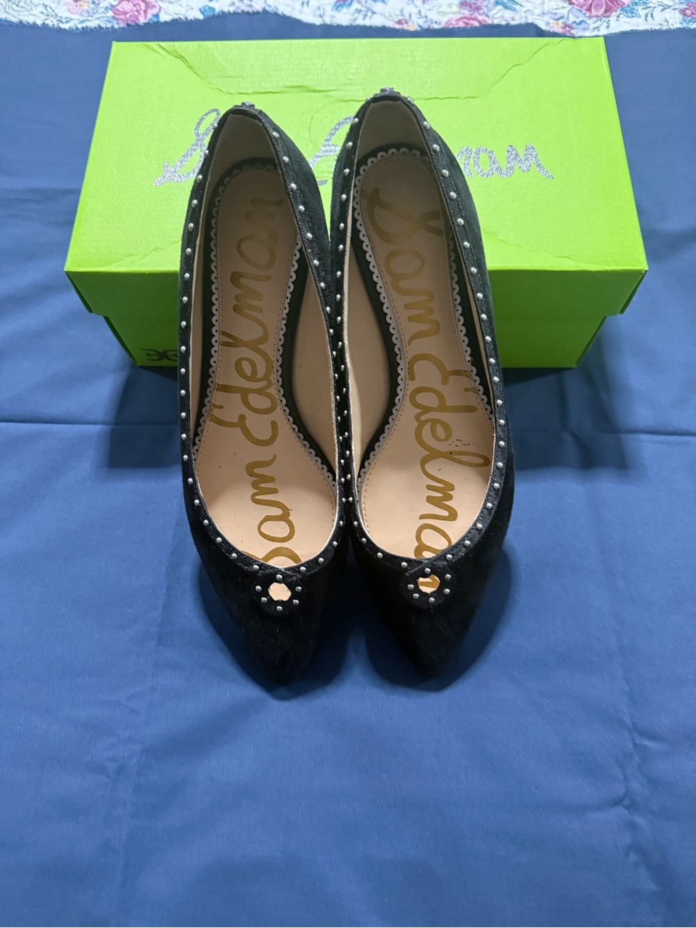 Sam Edelman Black Pointed Toe Studded Ballet Flats with Bow Accent